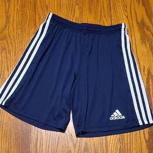 Adidas Men's Dark Blue Athletic Shorts with White Stripes - Size Medium